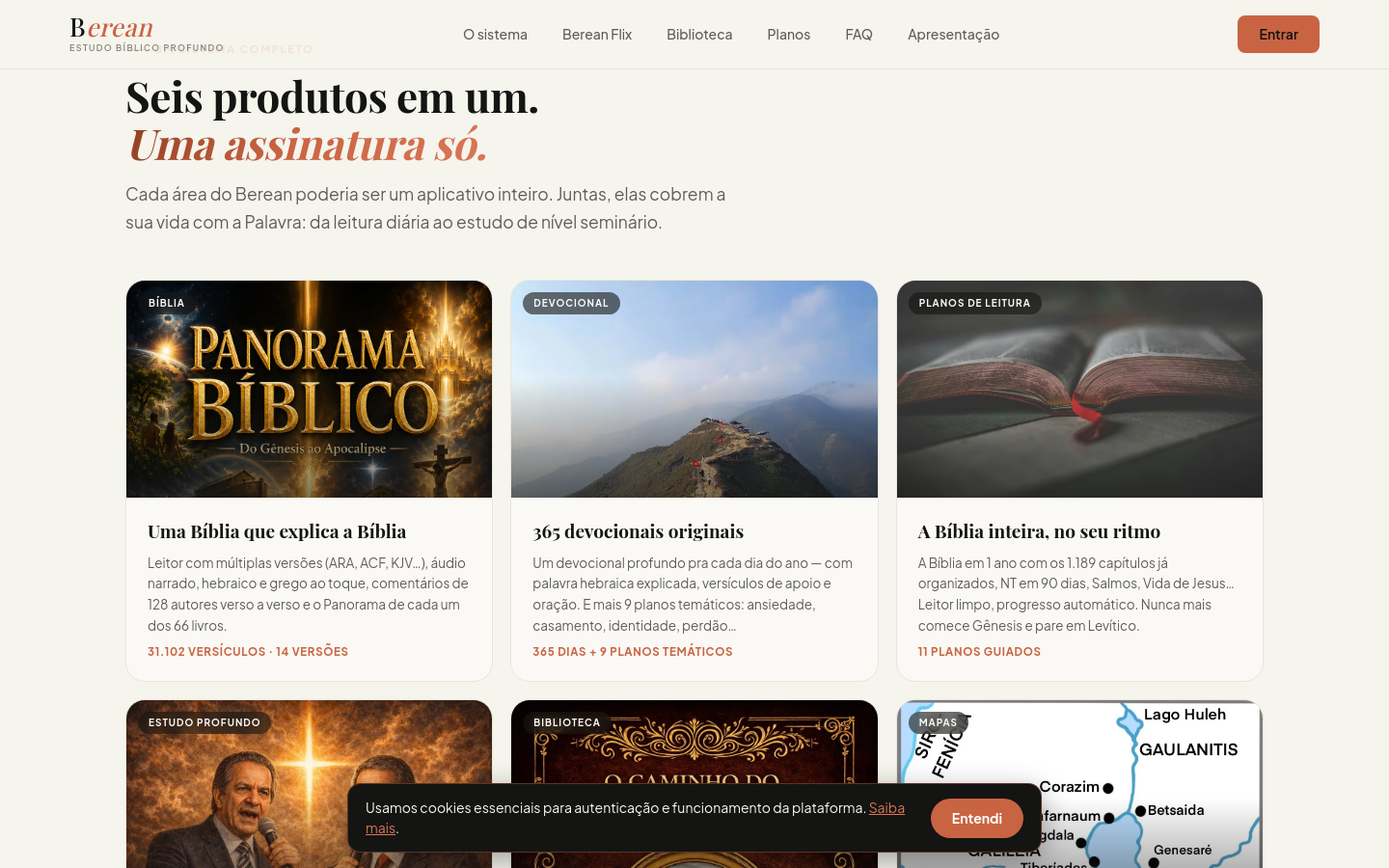 Seção do Berean apresentando os seis módulos da assinatura