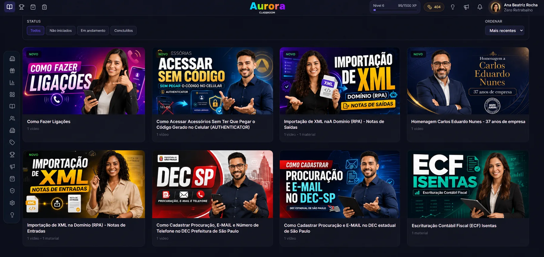 Catálogo de cursos por área, com filtro por situação
