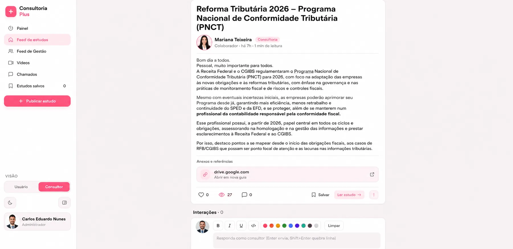 Estudo técnico aberto, com anexos, leituras e caixa de resposta