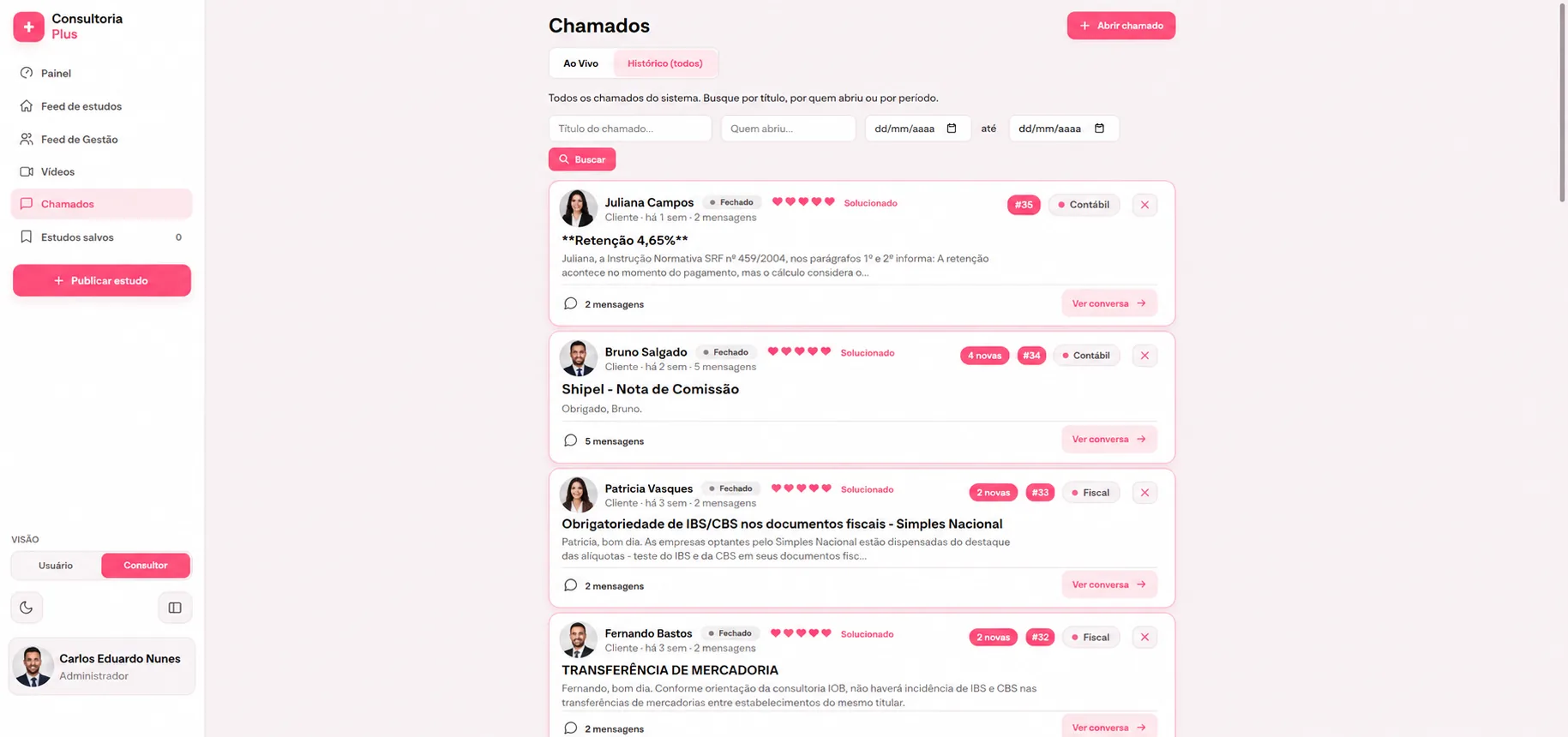 Fila de chamados de consultoria, com avaliação e categoria de cada um