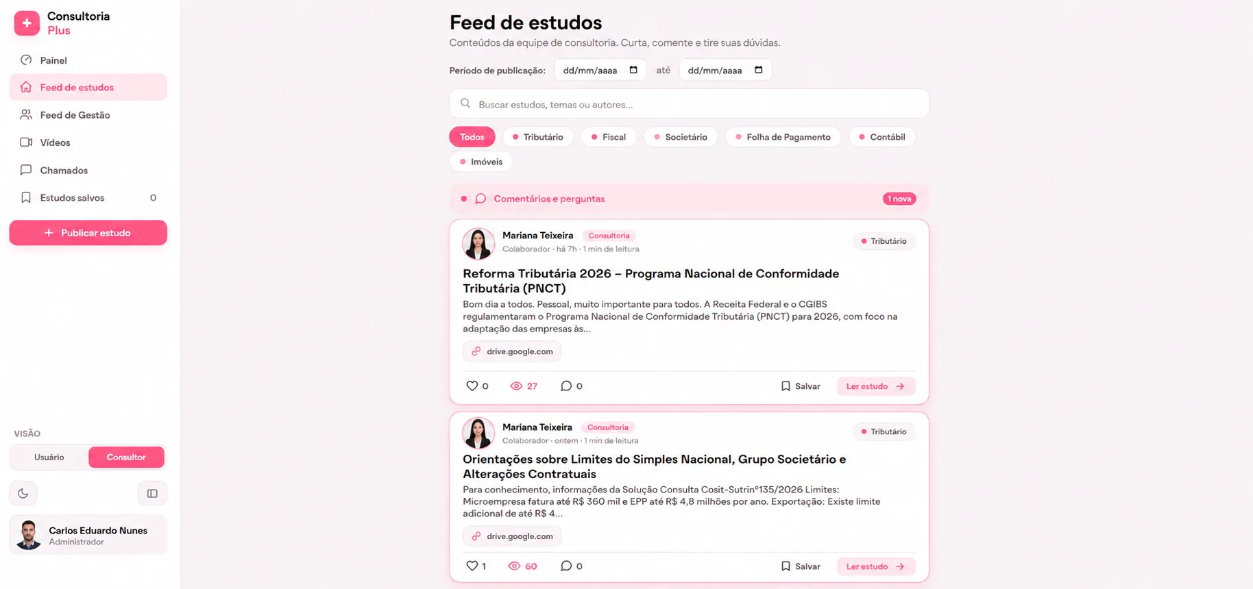 Feed de estudos técnicos com filtro por área