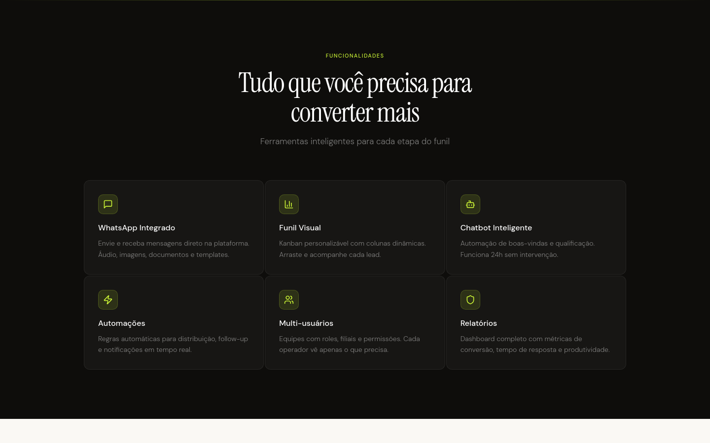 Recursos do Converte Lead: WhatsApp integrado, funil visual e automações