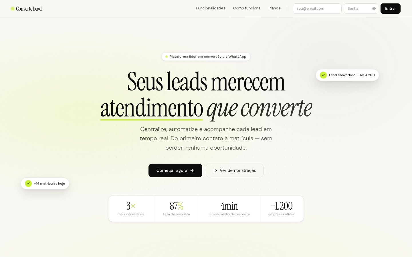 Página inicial do Converte Lead