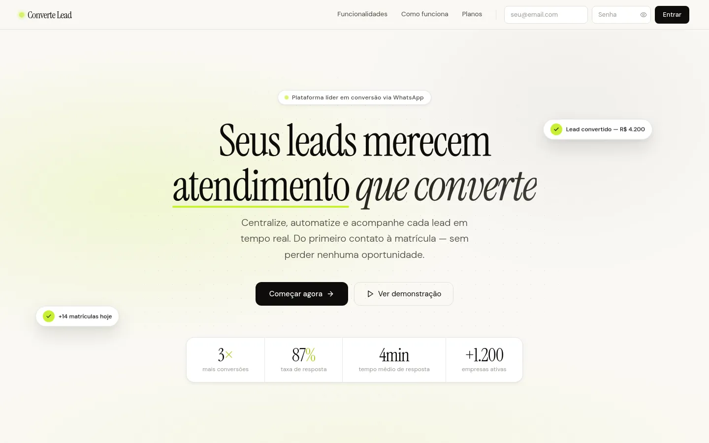 Página inicial do Converte Lead