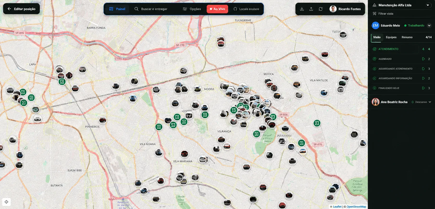 Mapa da cidade com os mensageiros em rota e o roteiro do dia ao lado