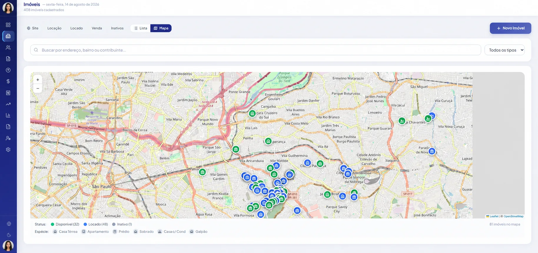 Carteira de imóveis no mapa, com situação e tipo de cada um