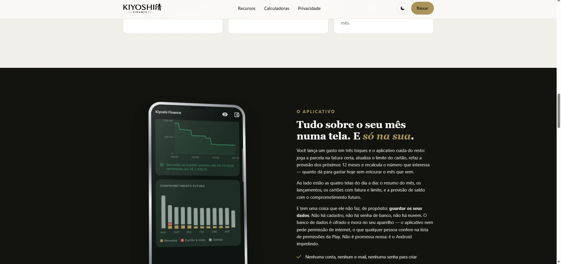 Tela do aplicativo com a previsão de saldo e o comprometimento dos próximos meses