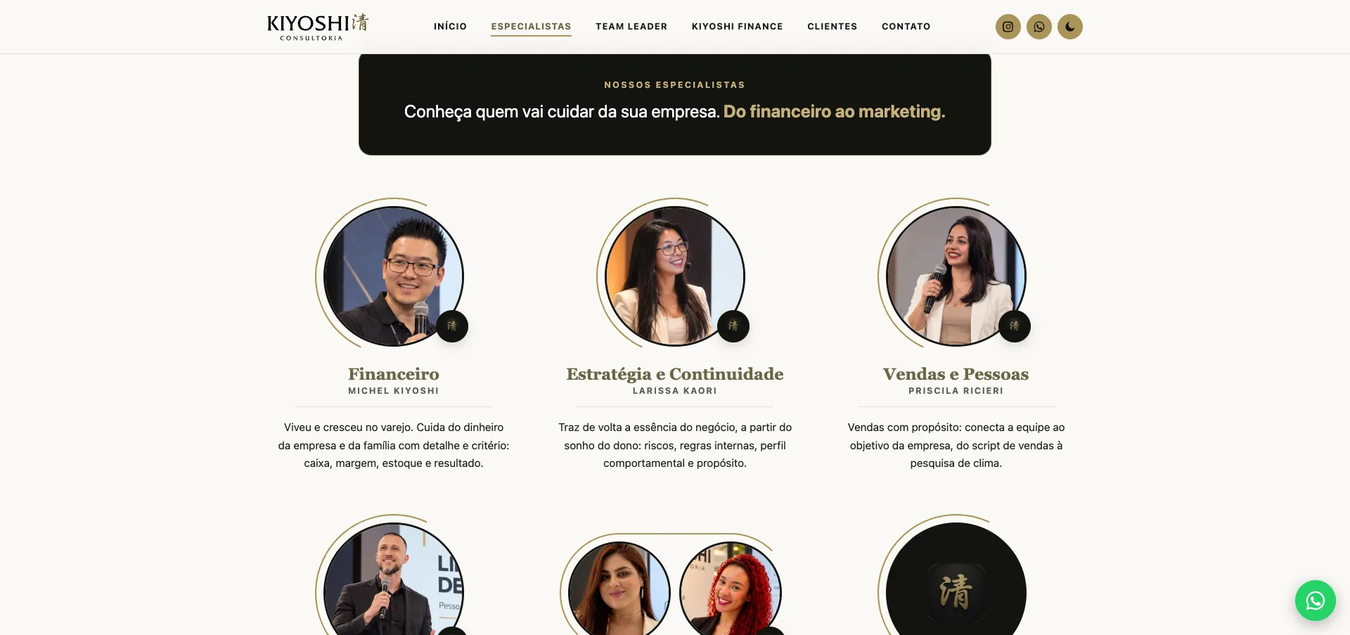 Seção de especialistas do site, com a foto, a área e o nome de cada um