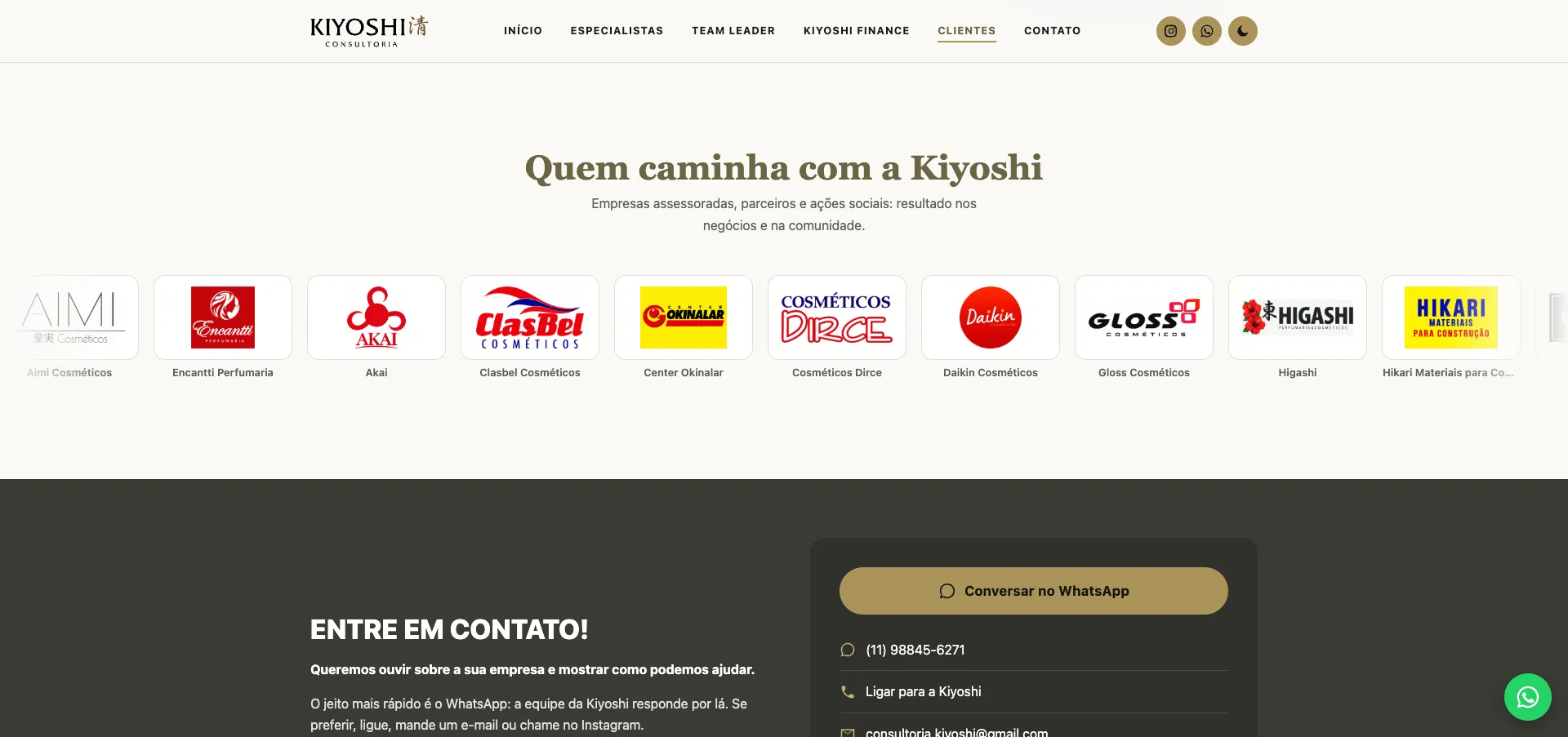 Esteira de clientes e parceiros e, logo abaixo, o contato direto pelo WhatsApp