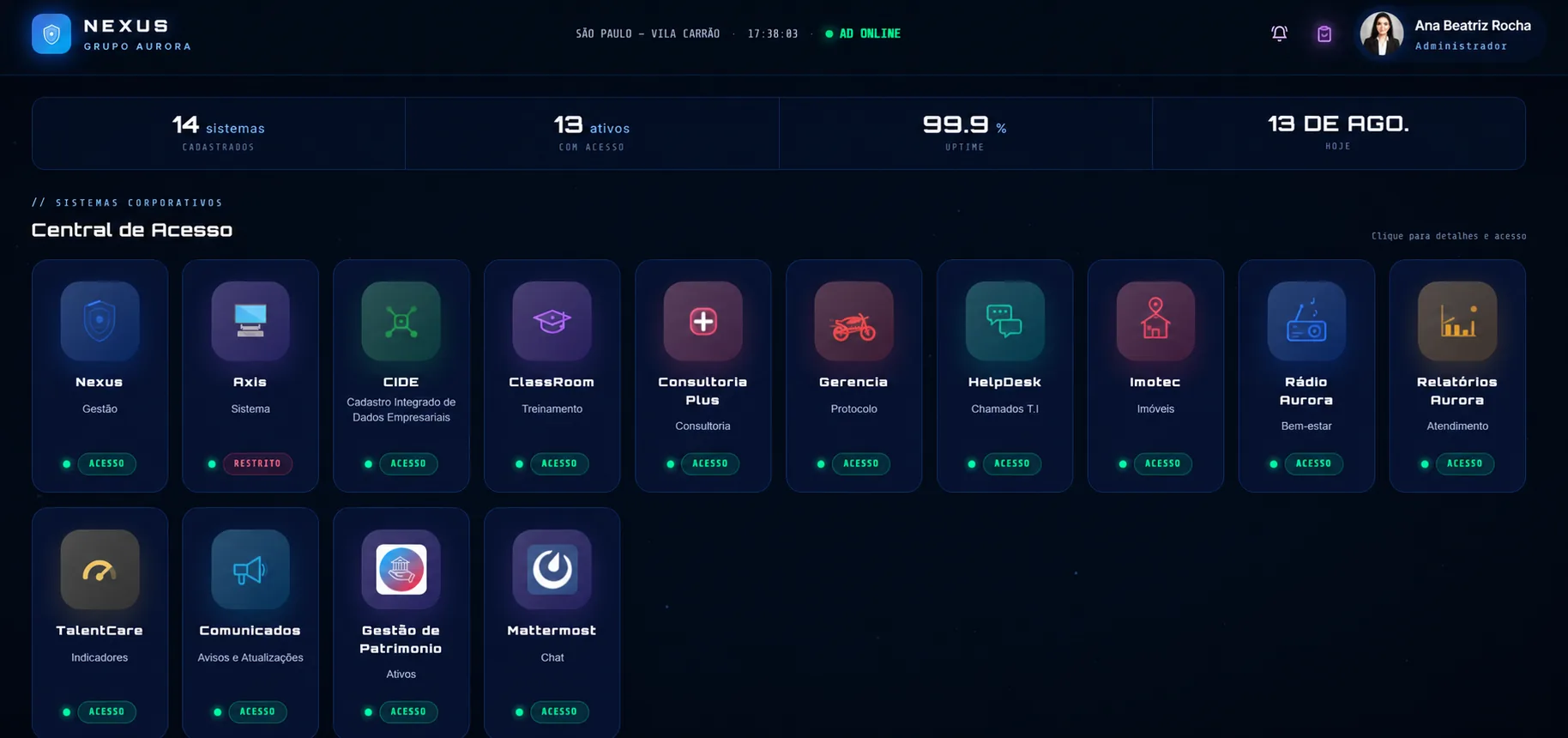 Portal de acesso com os sistemas da empresa em cartões